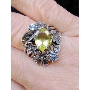 OR PAZ STERLING 925 FLORAL LEMON QUARTZ & BLUE TOPAZ GEMSTONE RING Sz 9.25